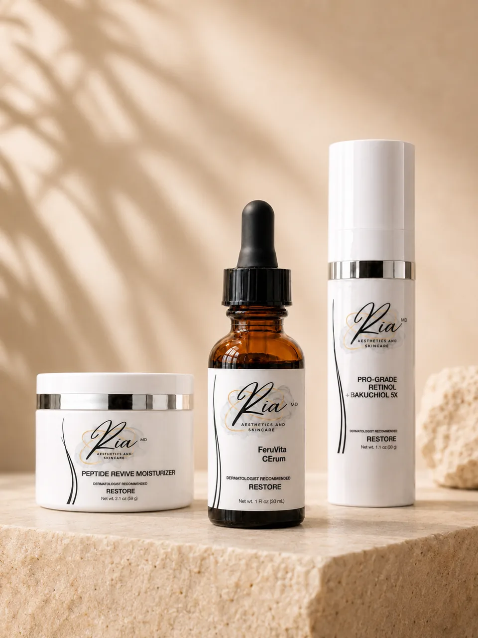 Ria MD signature serum bottle on marble